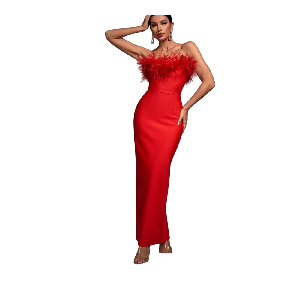 Catchall Naomi Maxi Dress Women S Good Red Feather Trim Strapless Bandage Gown